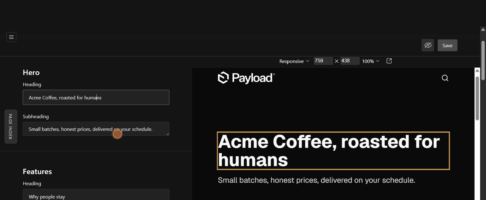 payload-live-nav demo: live typing, section jumps and the focus flash in the Payload admin