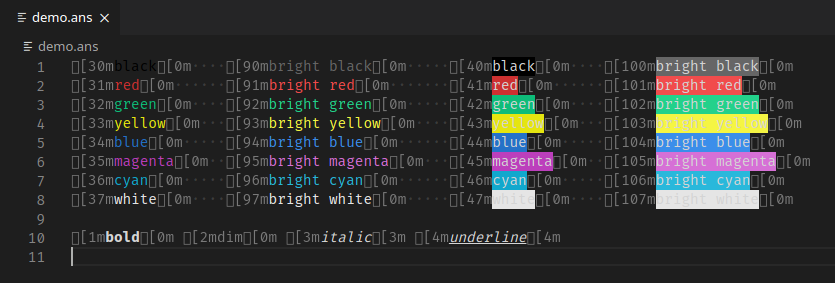 ANSI Text language mode; Dark Plus theme