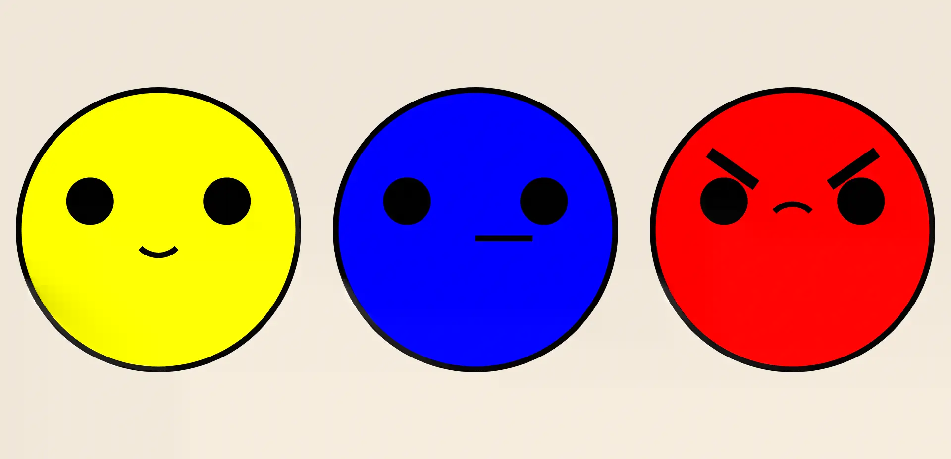a site with a a yellow happy face, a blue sad face, and a red mad face