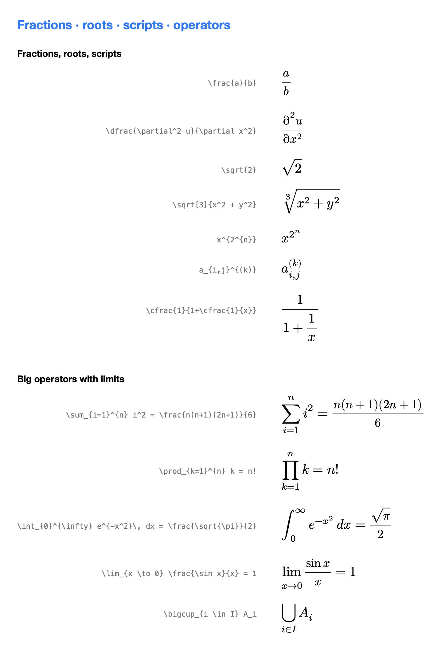 Fractions, roots, scripts and operators