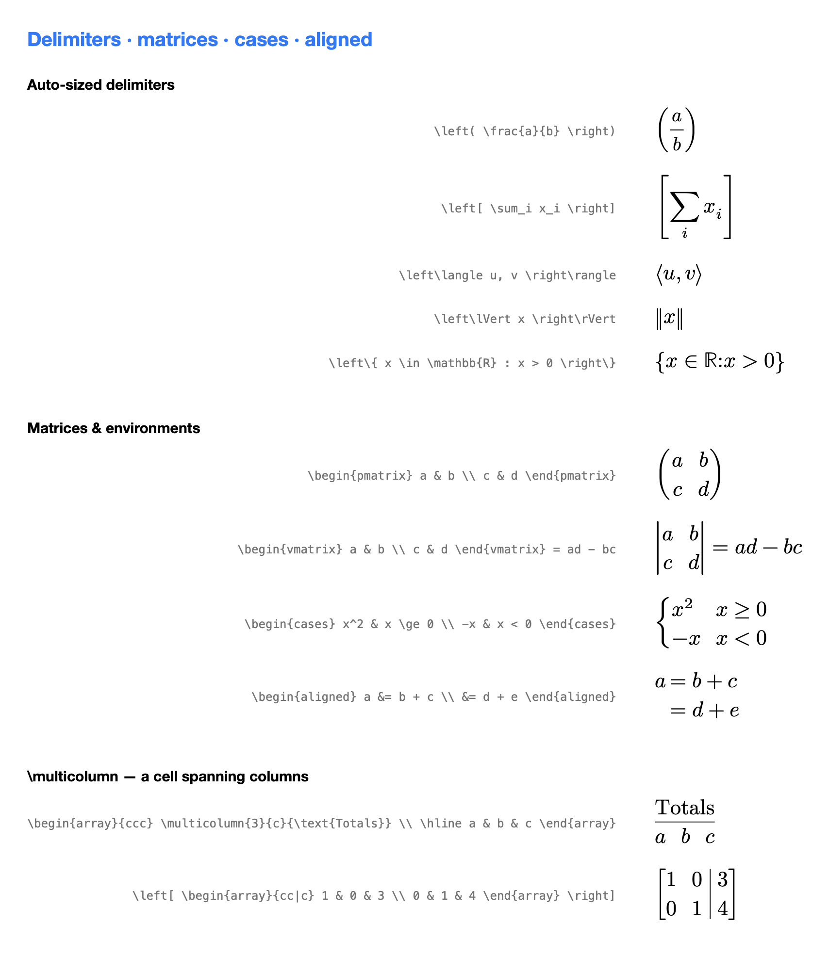 Delimiters, matrices, cases, aligned environments