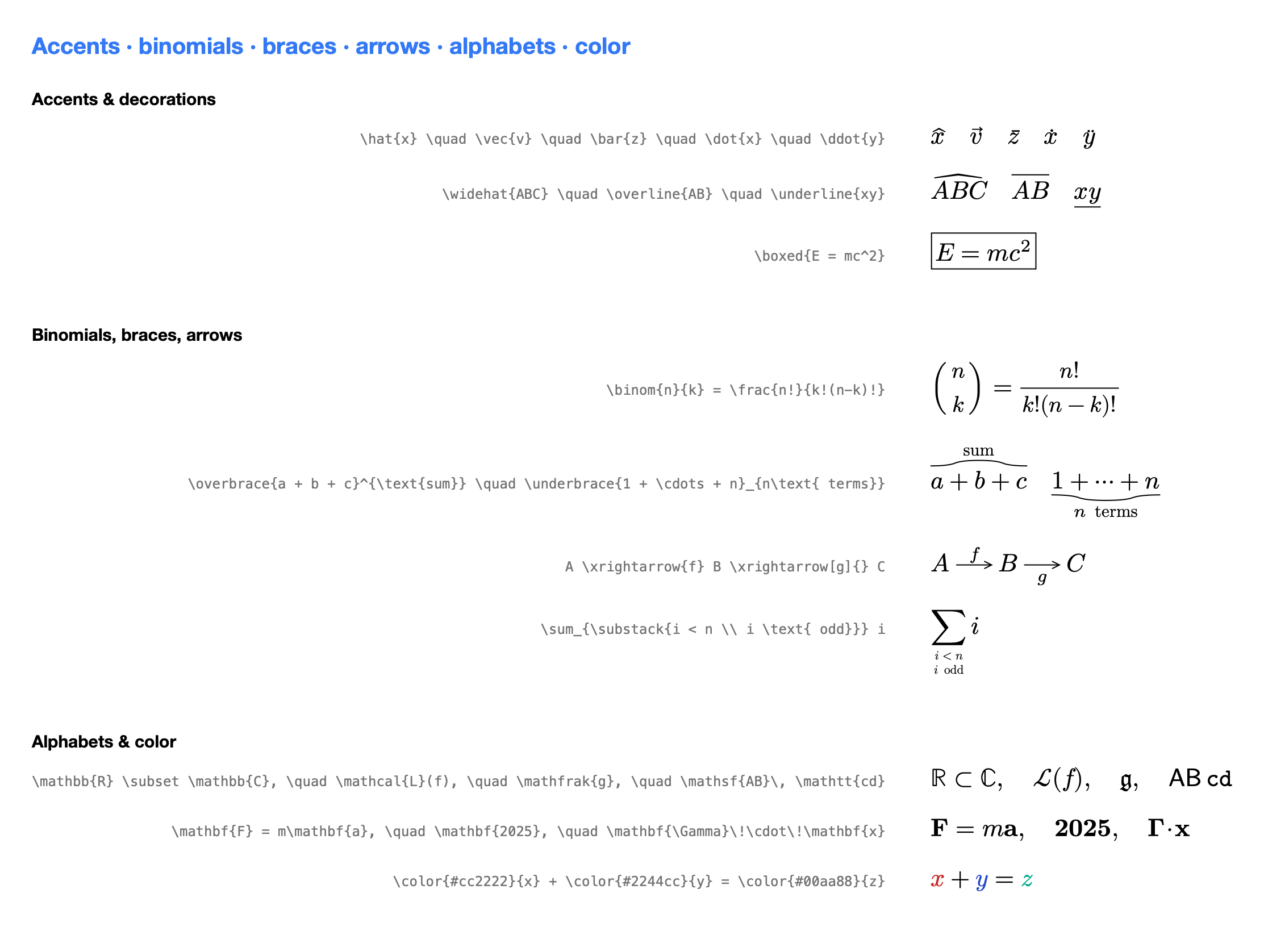 Accents, binomials, braces, arrows, alphabets, color