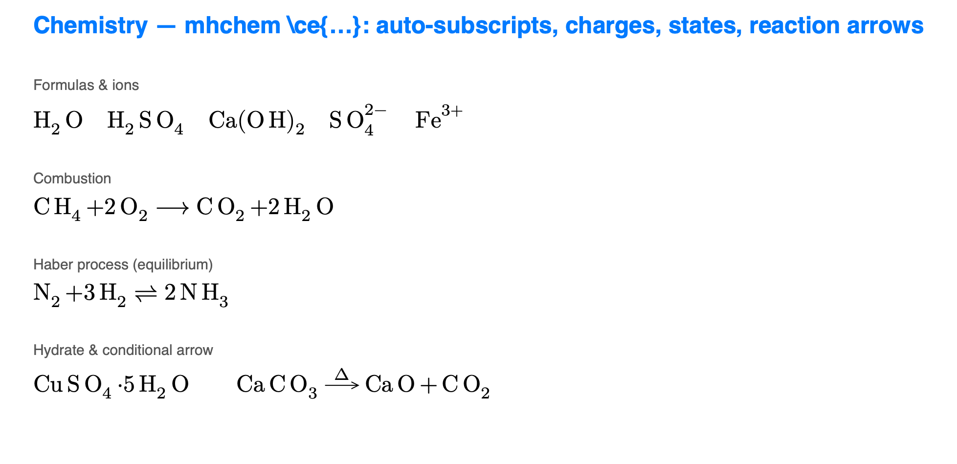 Chemical formulas and reaction equations from the mhchem transpiler