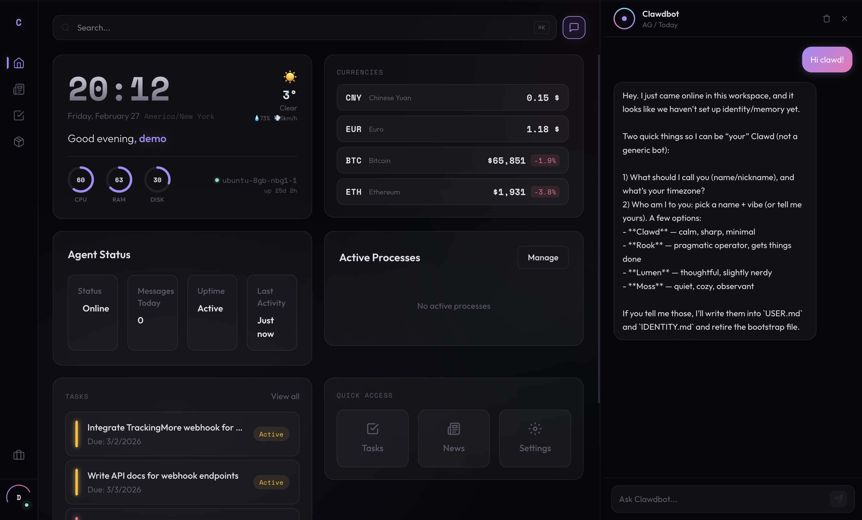 ClawdOS — Dashboard with AI Chat