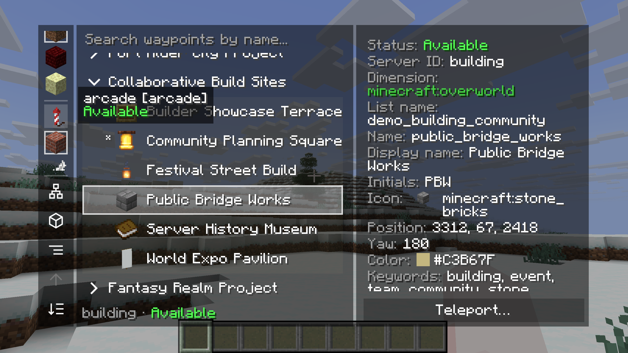 Cross-server waypoint manager showing the building server catalog and teleport action
