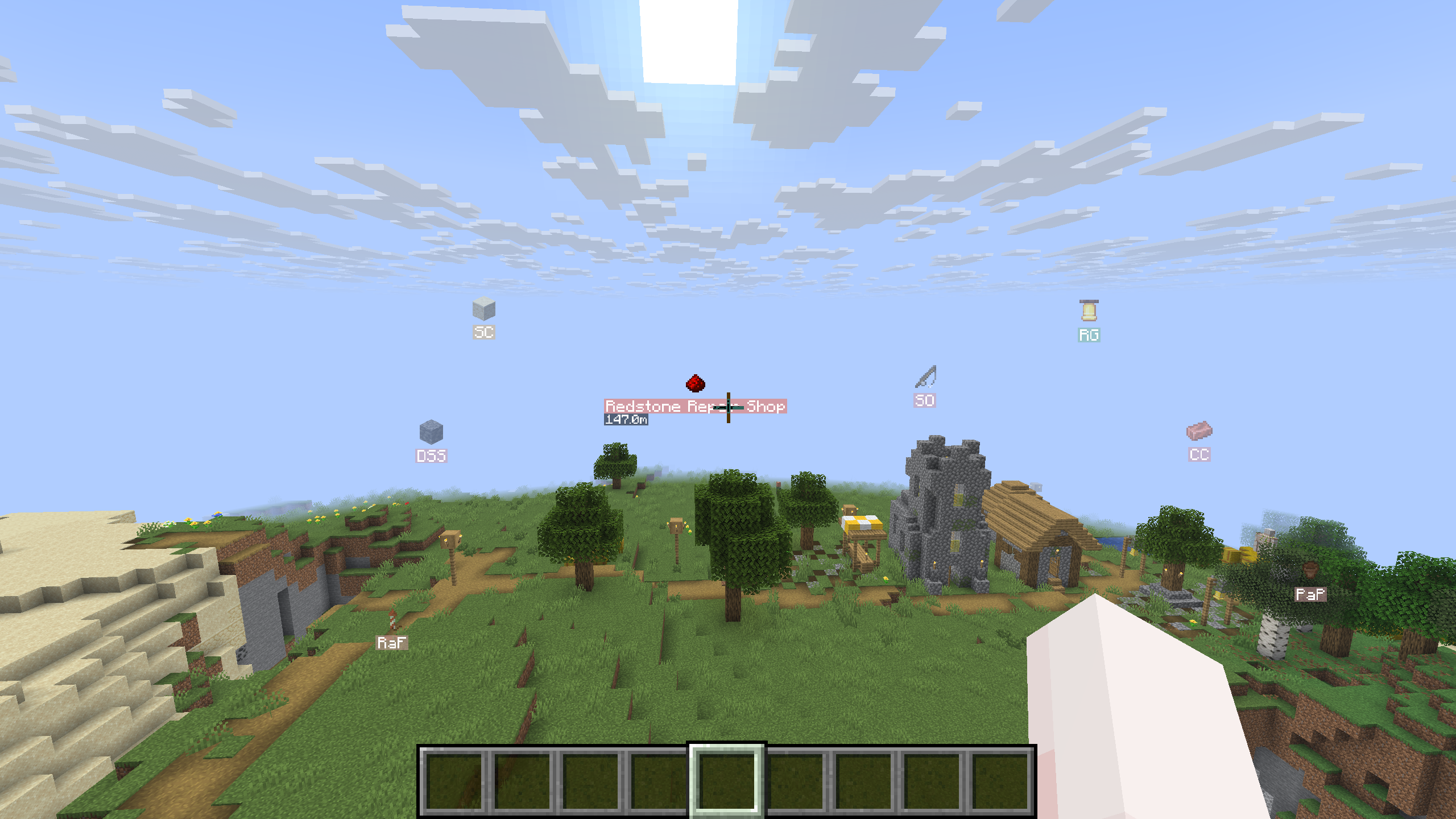 Server Waypoint in-world markers with item icons over a village