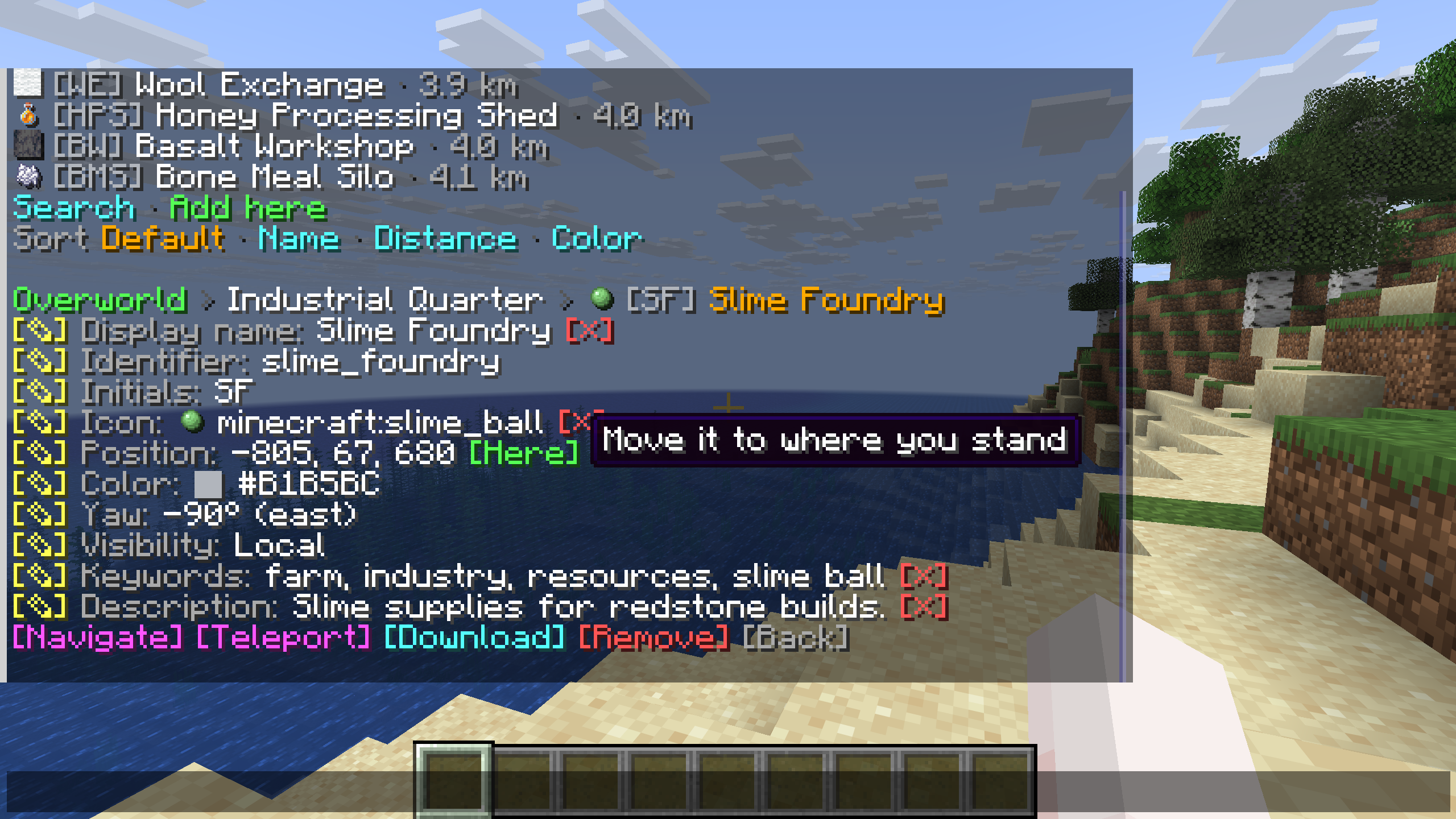 Waypoint details with clickable edit, navigation and teleport controls
