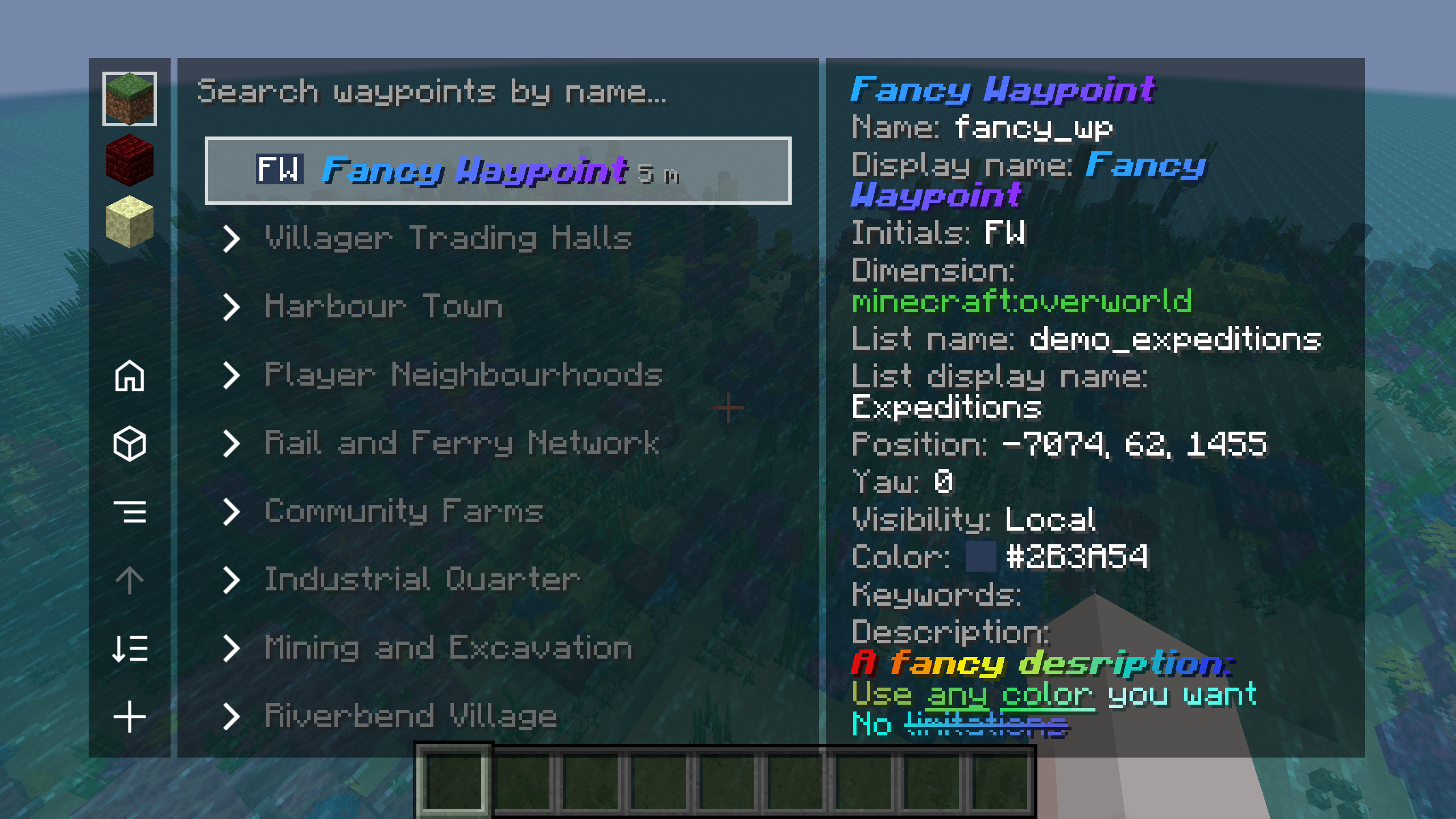 Waypoint manager with a JSON-styled display name and multicolored description