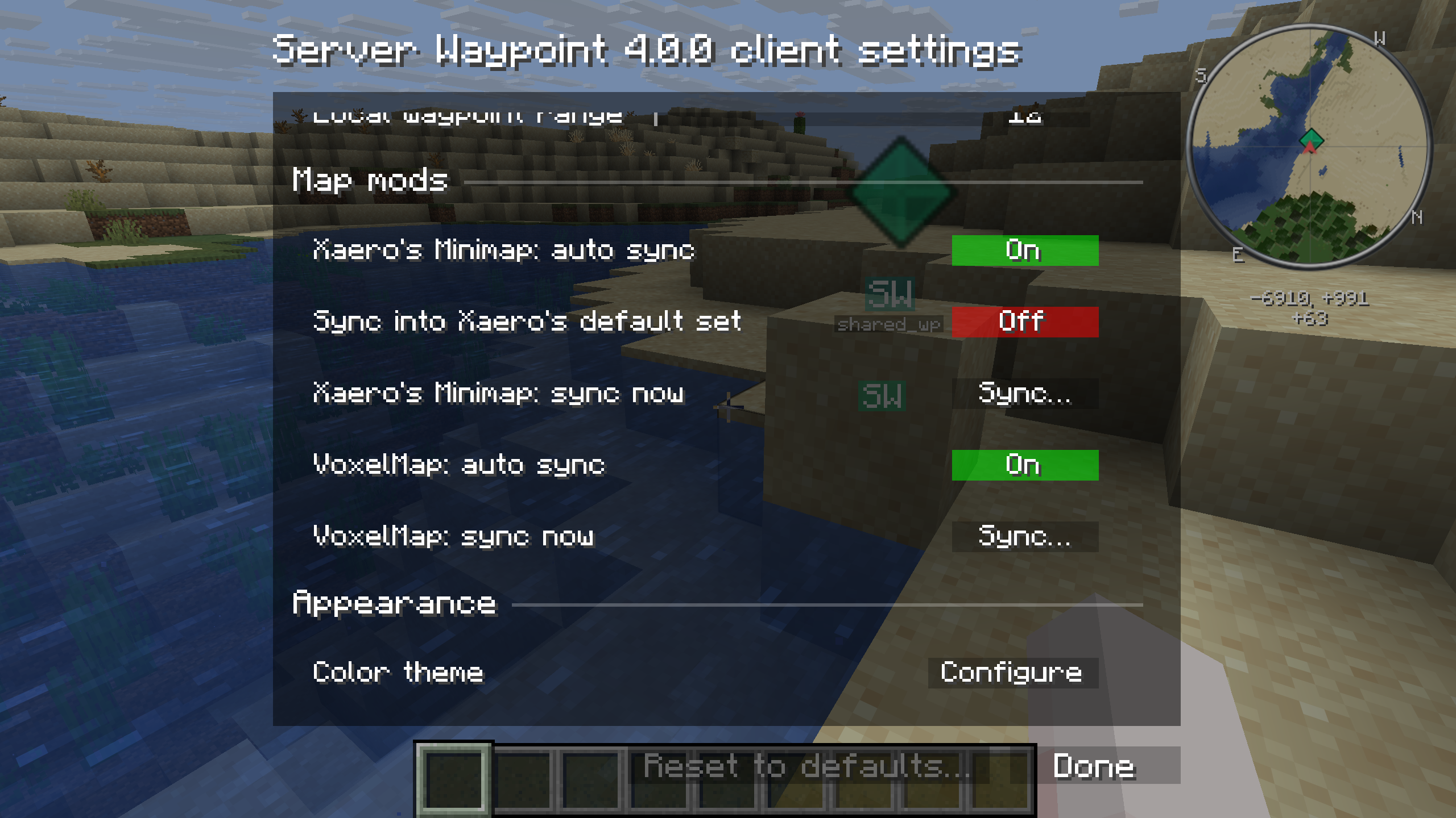 Client settings with Xaero and VoxelMap automatic and manual synchronization controls