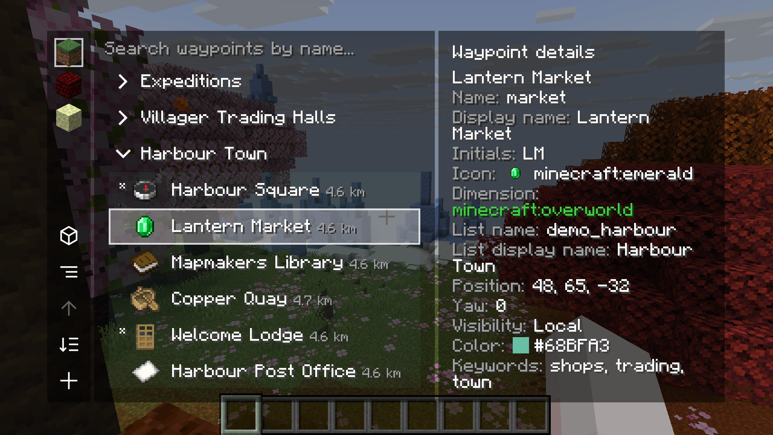 Waypoint manager with Harbour Town expanded and Lantern Market selected
