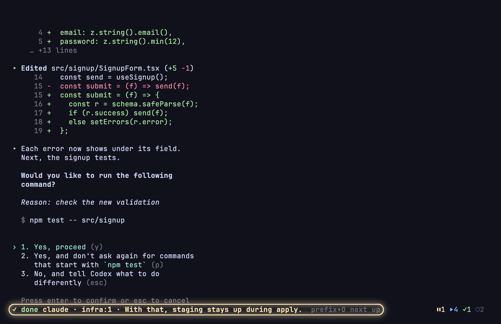 A Codex asking approval fills the screen; on the tmux status line under it, outlined in yellow, a toast says claude in infra is done, with the last line it said (With that, staging stays up during apply.), and prefix+O goes to it, beside taw's summary: one blocked, four working, one done.