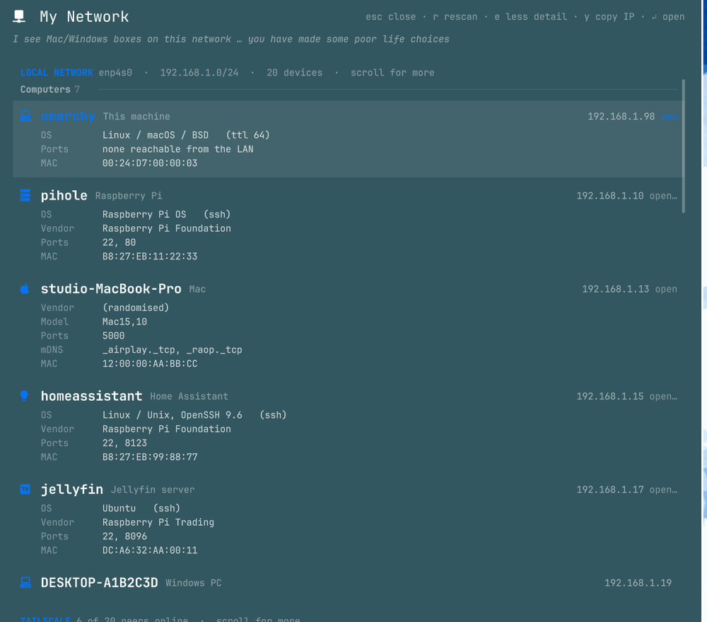Every row expanded, showing OS, vendor, ports, mDNS services and MAC