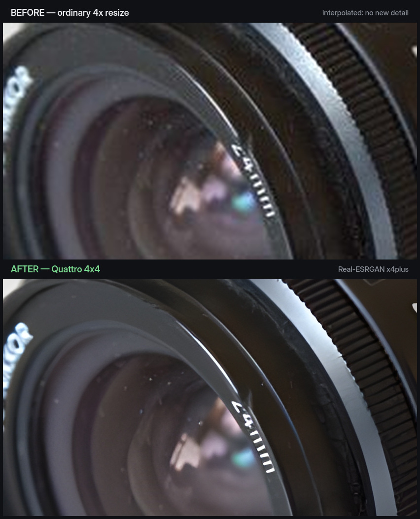 The same crop, ordinary resize above and Quattro 4x4 below