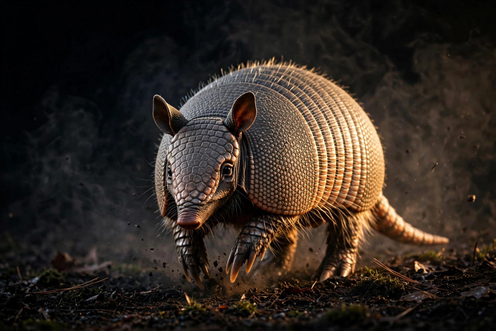 Armadillo walking toward camera at night, rim-lit