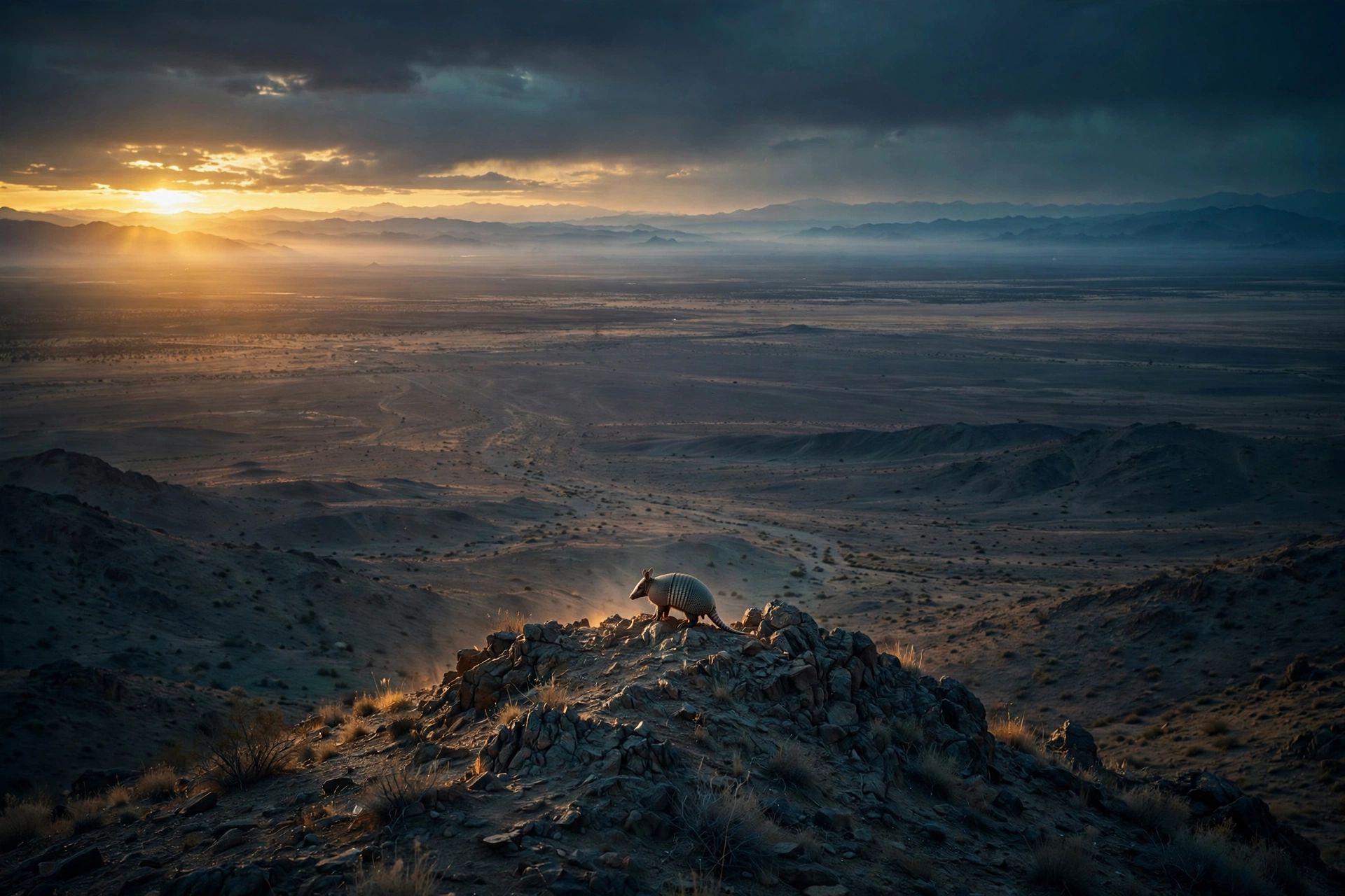 Lone armadillo on a desert ridge at dawn
