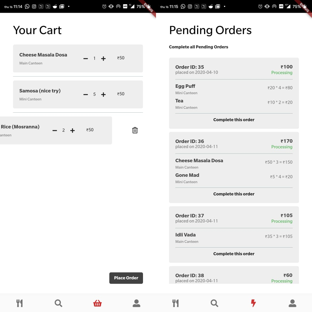 Cart and Pending Orders