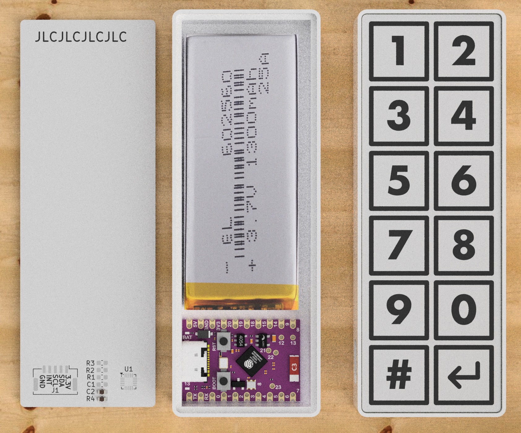 Exploded view showing PCB back, battery and ESP32 assembly, and keypad face