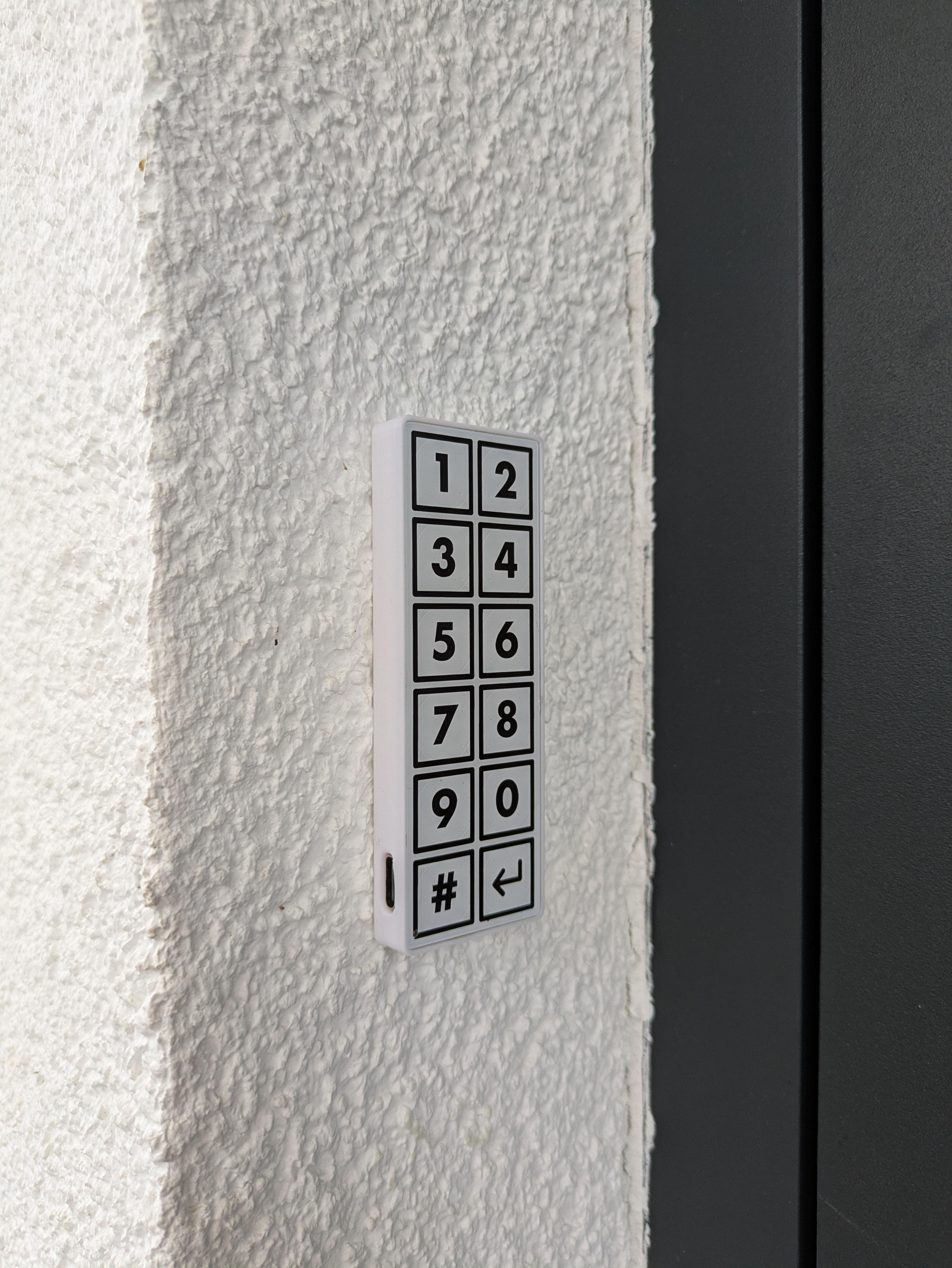 Finished keypad mounted on a wall beside a door