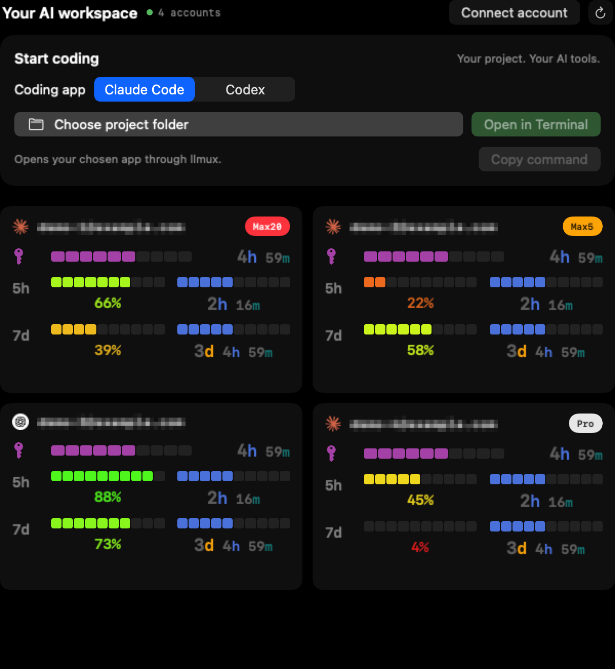 llmux Islands: "Your AI workspace · 4 accounts", a Start coding row, and four account tiles with 5h/7d usage bars and reset timers