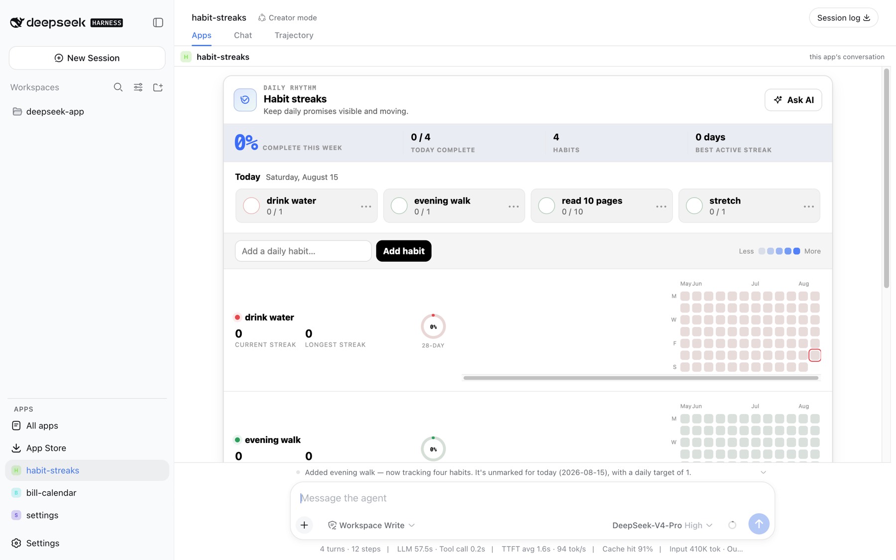 An app container — the app in its own tab, the agent's line under it, the composer below