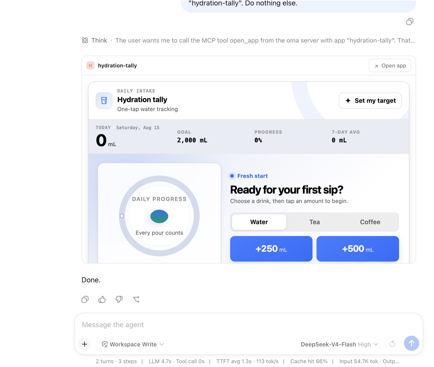 Inline app rendering — an open_app tool call becomes the running app, inside an ordinary chat
