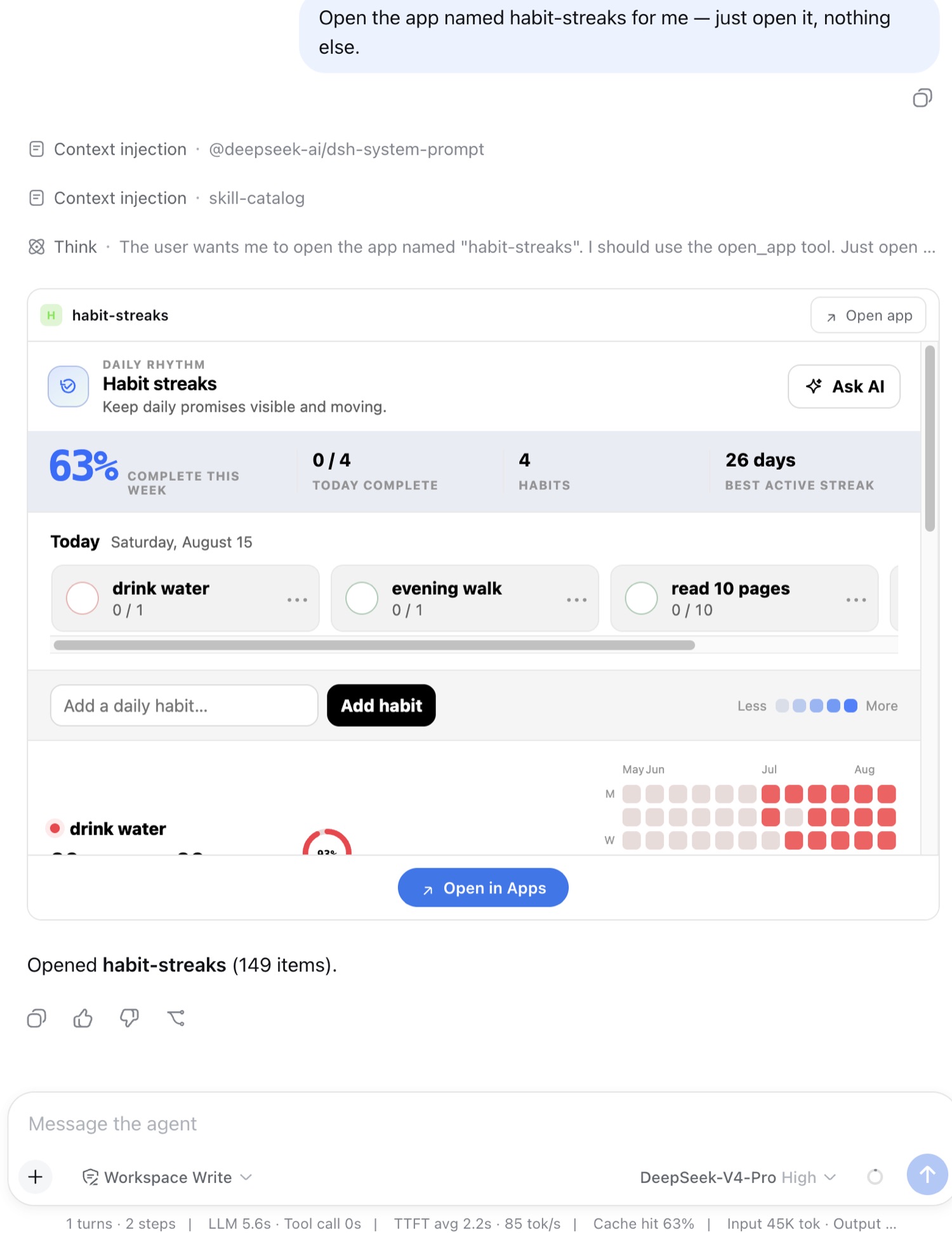 Inline app rendering — an open_app tool call becomes the running app, inside an ordinary chat