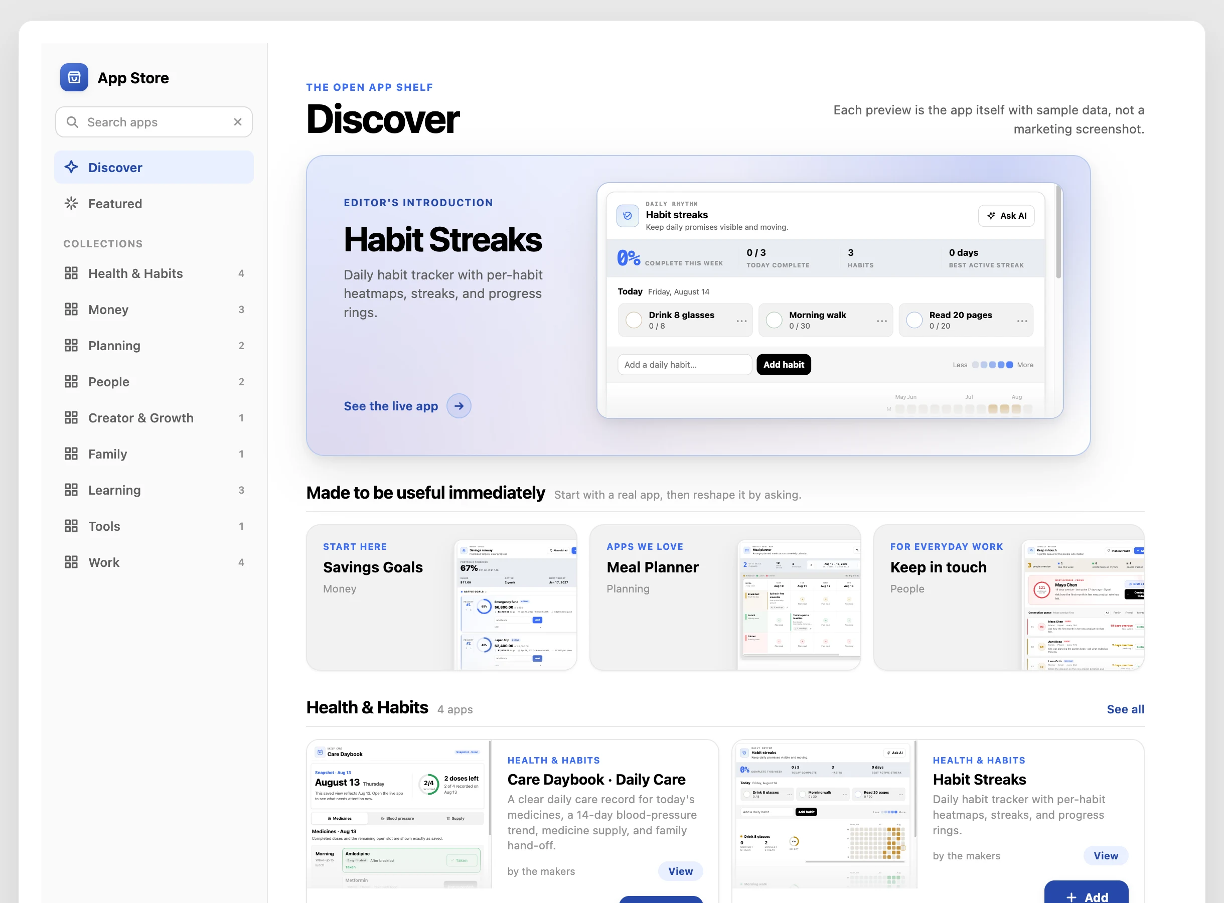 The App Store — live previews of ready-made apps