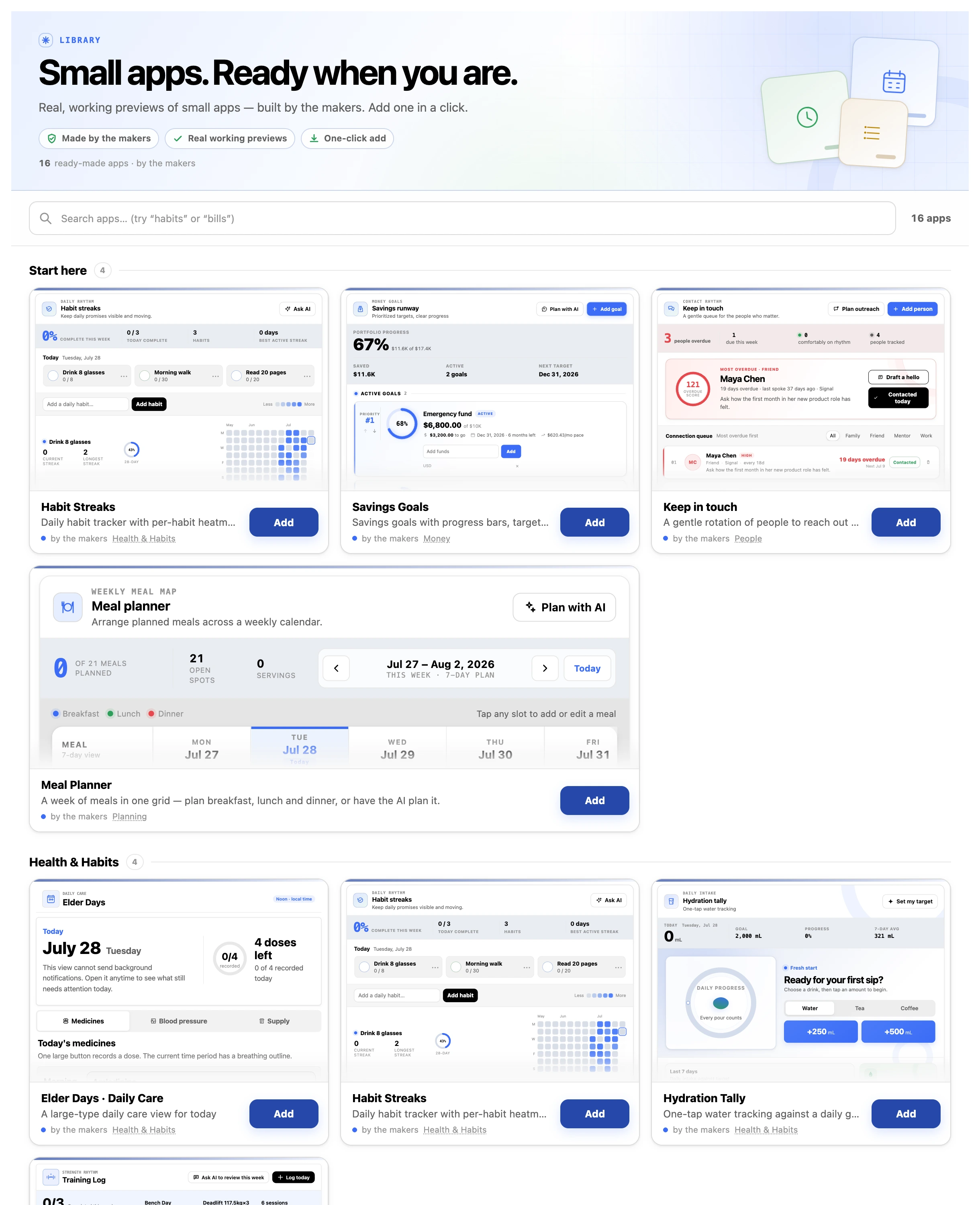 The component library — live previews of ready-made apps