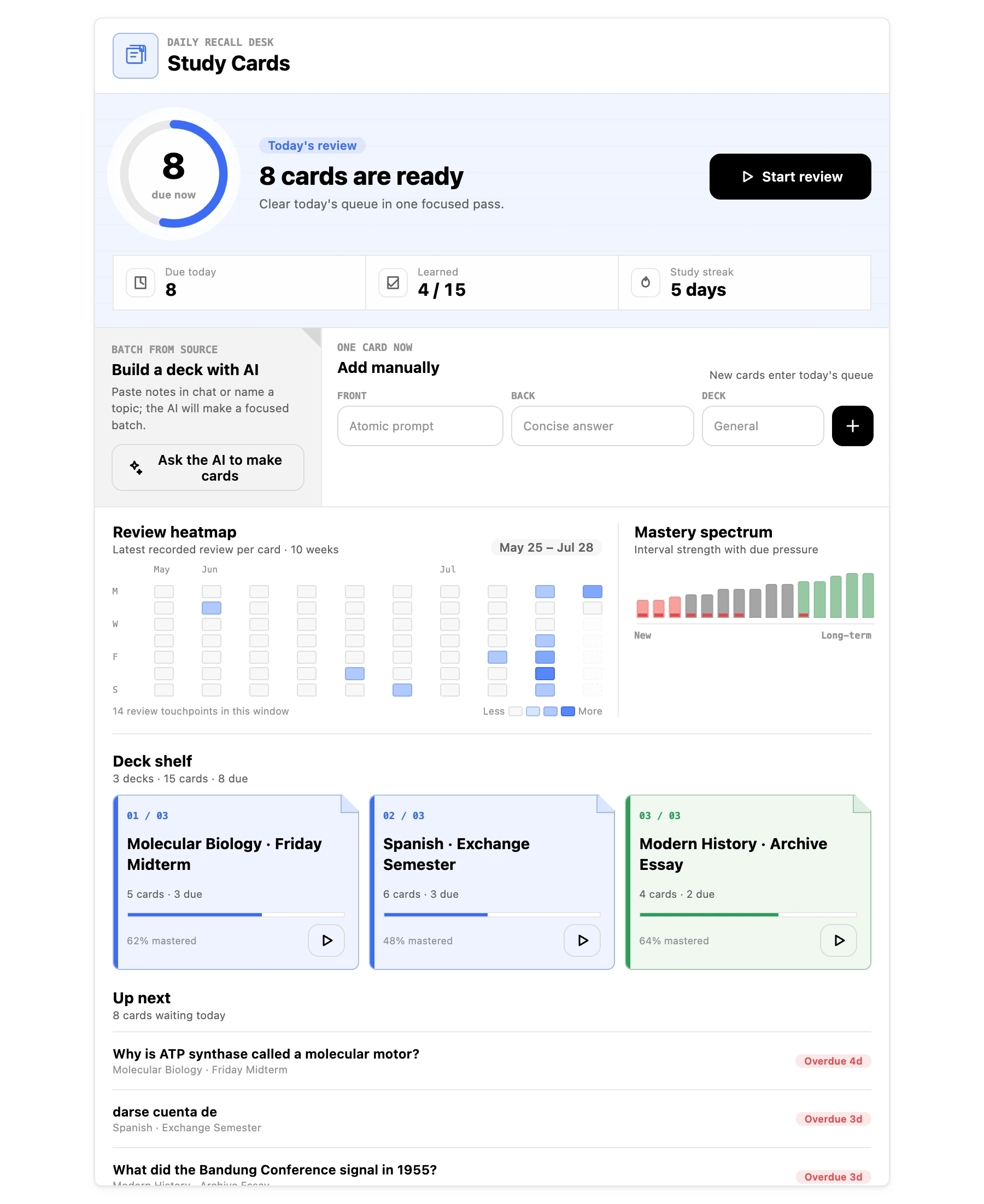 Study Cards — spaced repetition with review heatmap and deck shelf