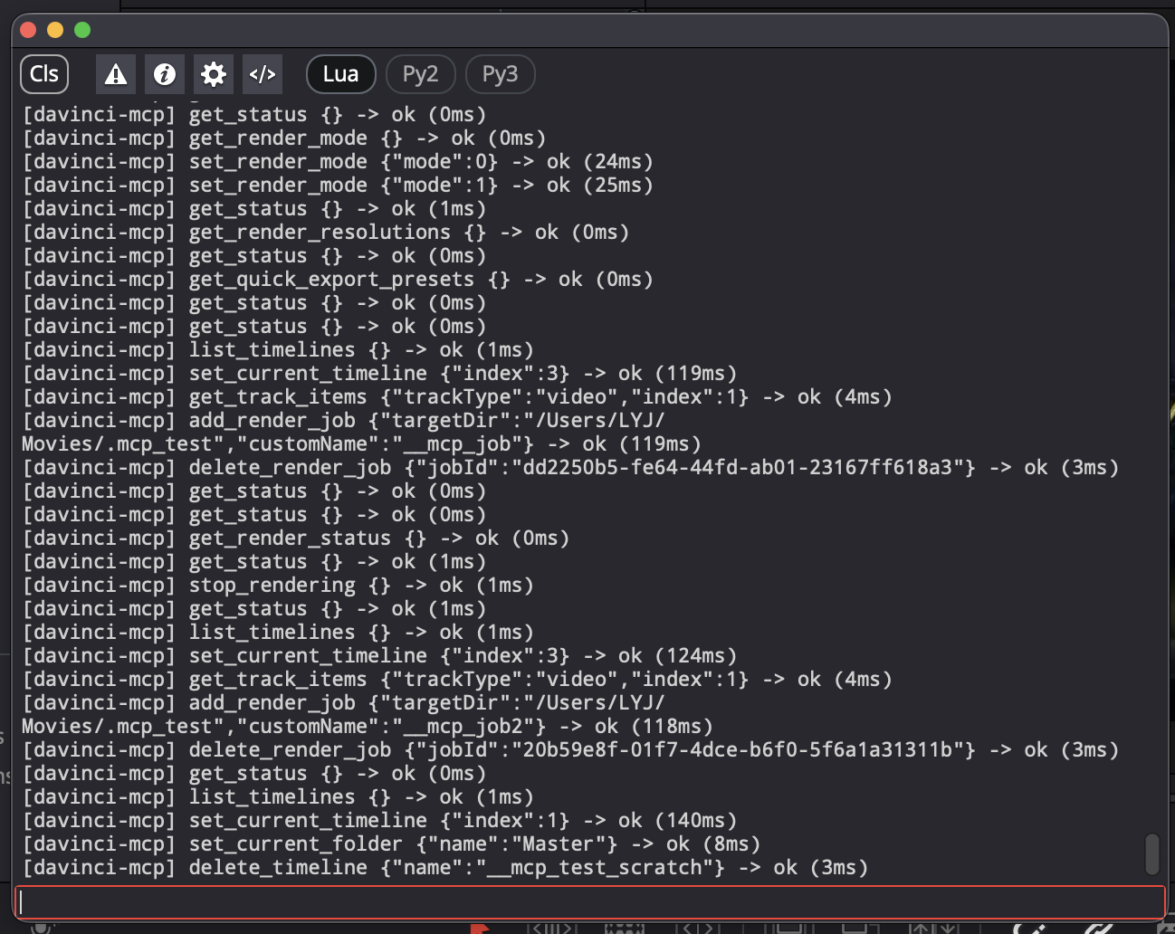 Resolve Console showing per-command davinci-mcp log lines