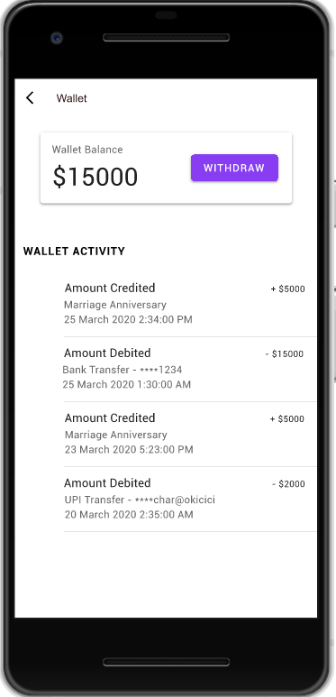 Wallet Screen - Activities