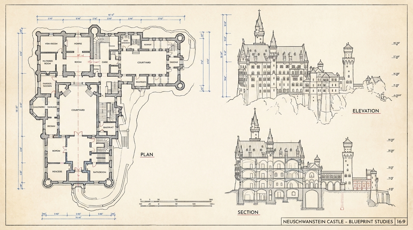 Orthographic blueprint with plan, elevation and section