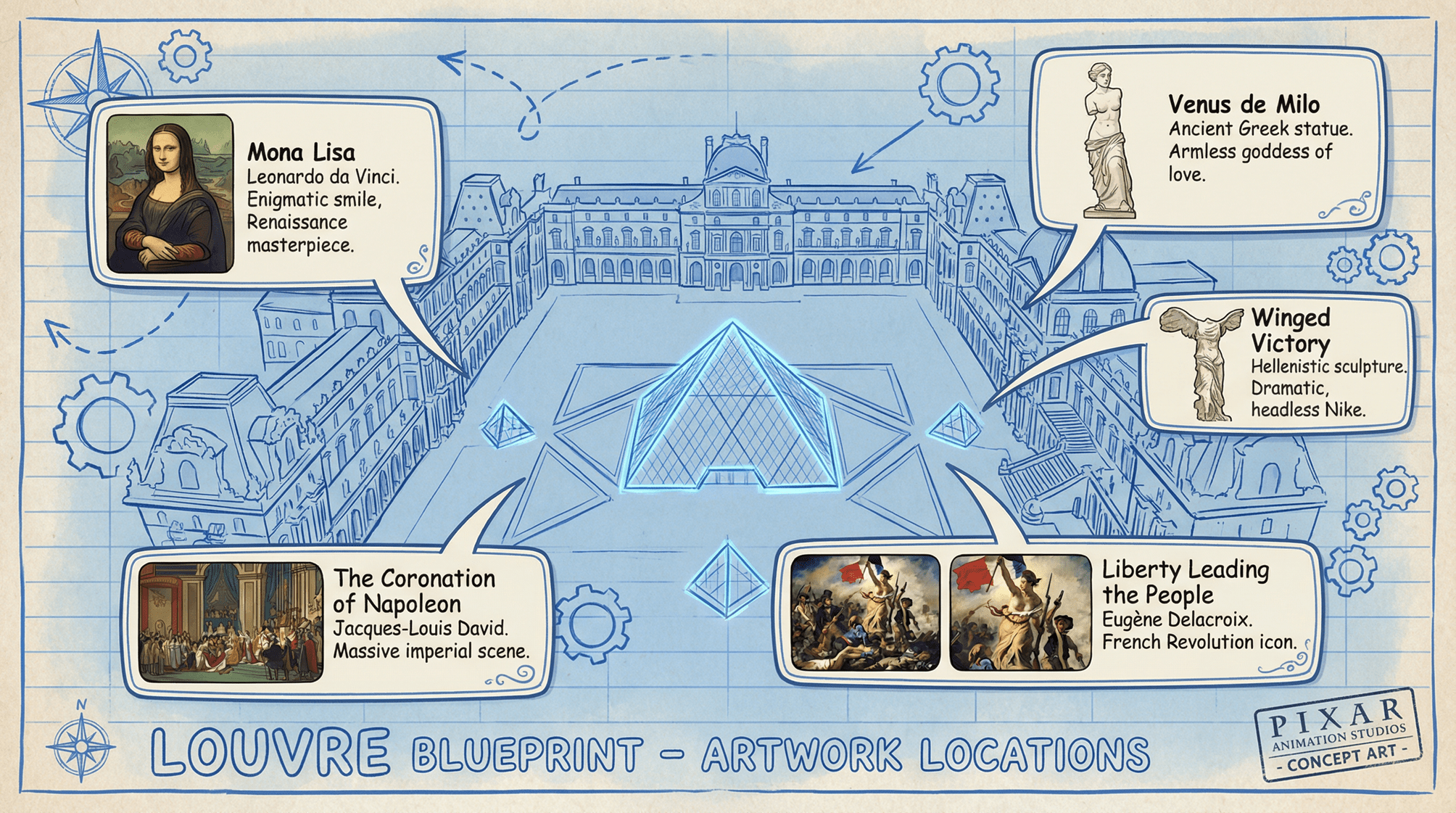 Stylized architectural blueprint concept art