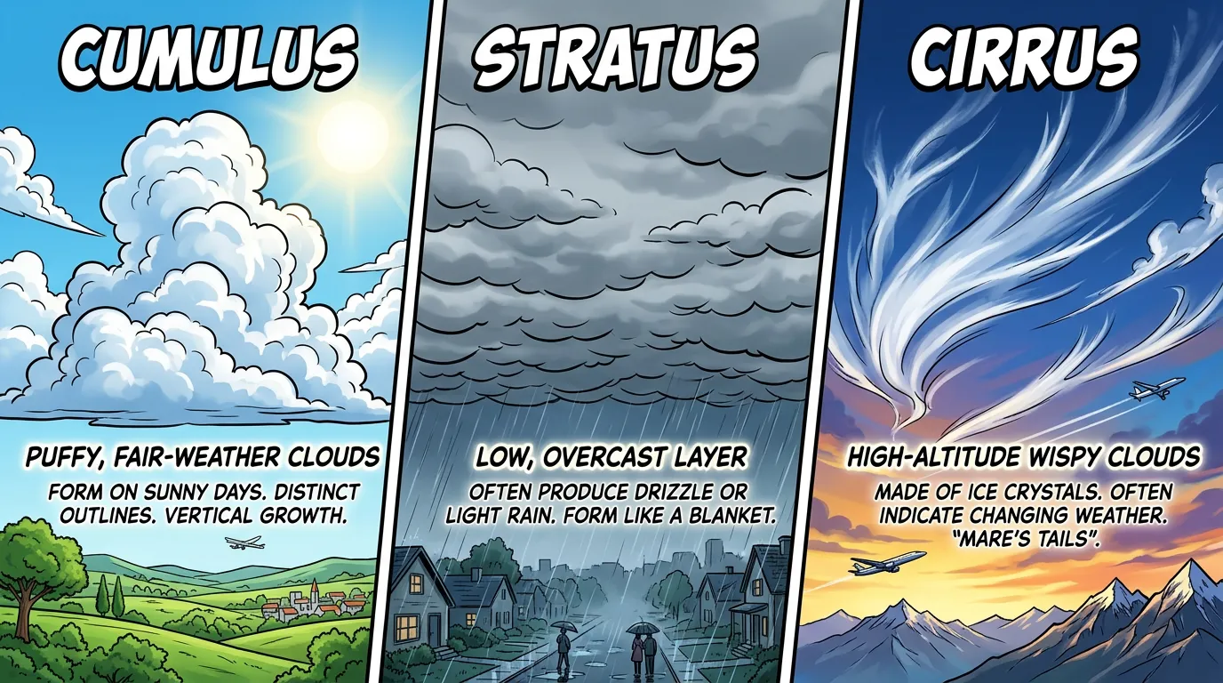 Triptych infographic comparing cloud types