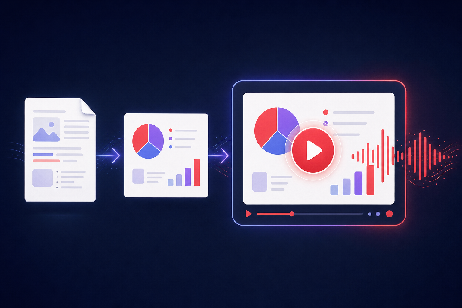 A document turning into AI-generated slides with per-page voiceover and an MP4 video export