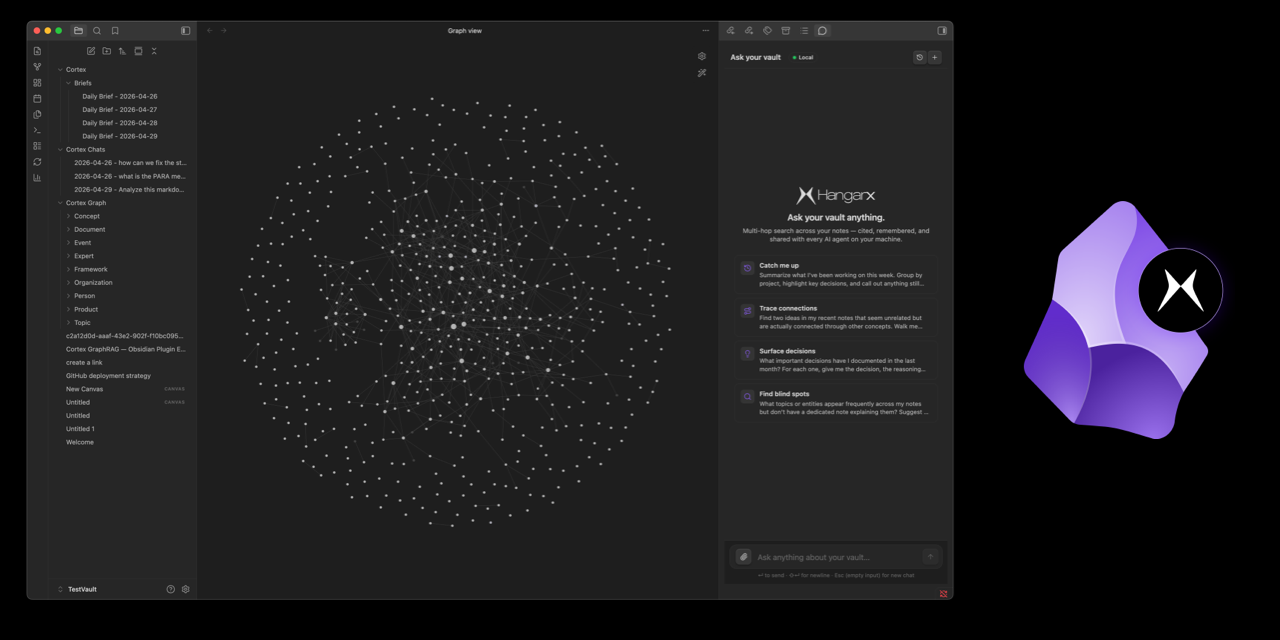 HangarX inside Obsidian — graph view, file explorer, and Ask your vault chat panel side-by-side