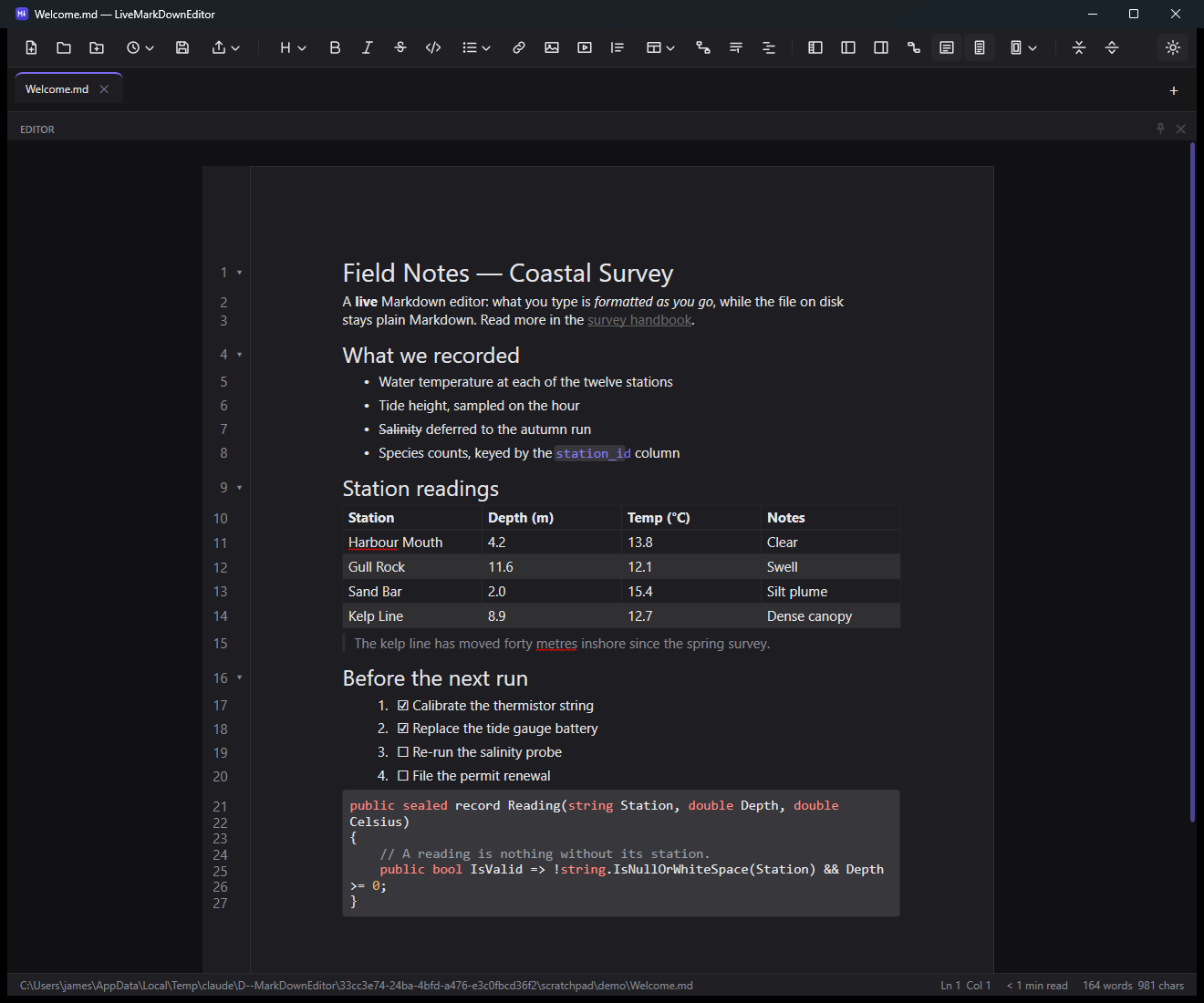 The editor in dark theme