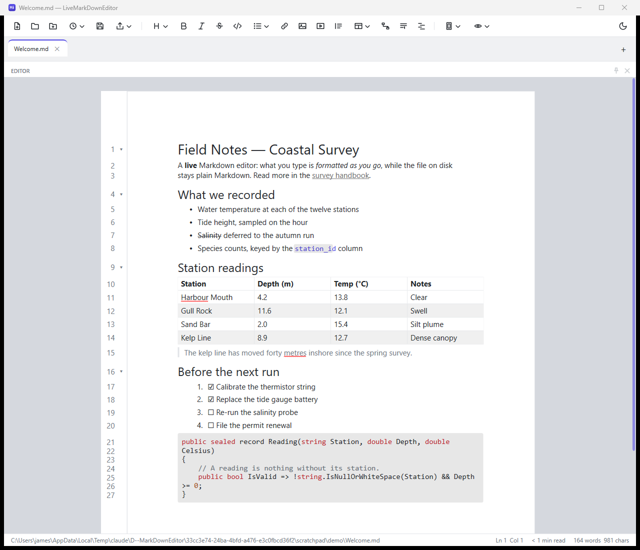 The editor in light theme