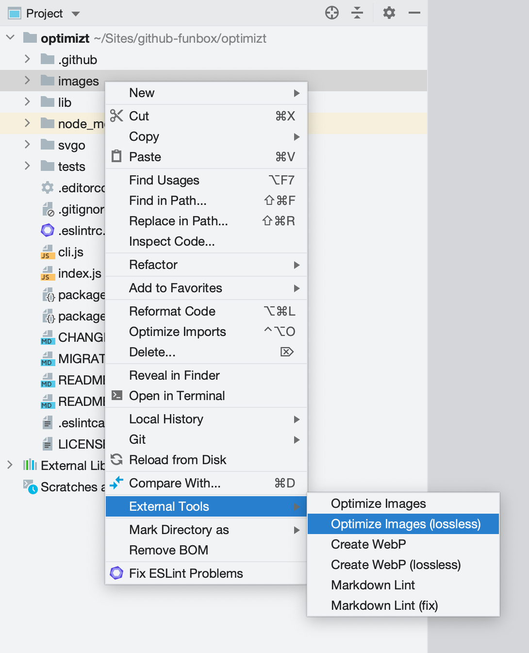 Screenshot of the context menu for a selected directory in WebStorm IDE