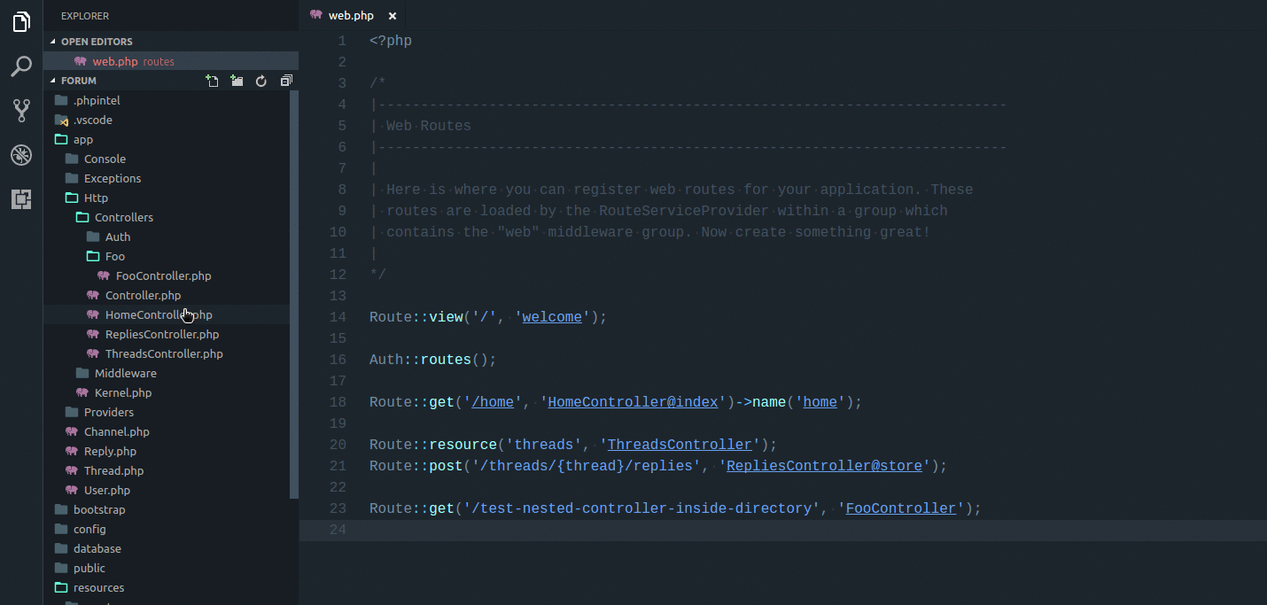Route-to-controller navigation in VS Code