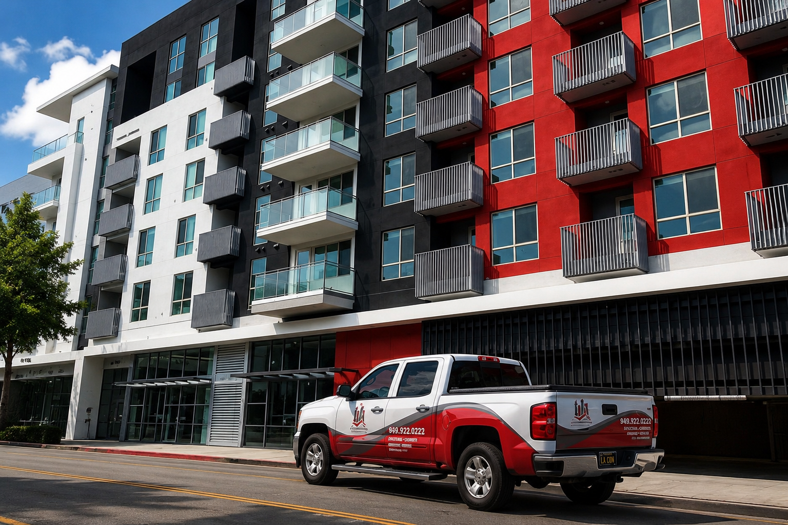 Lunar Painting crew truck in front of apartment complex — Orange County commercial painting