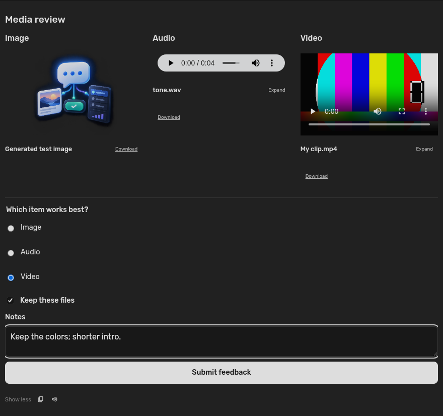 Generated image, audio, and video cards in Agent Zero