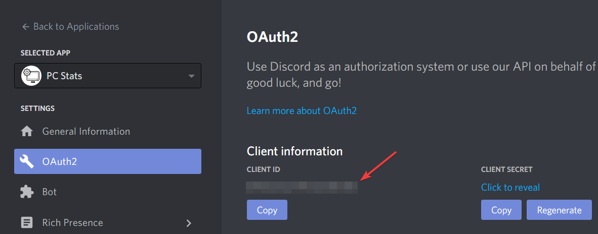 copy client id from General information tab