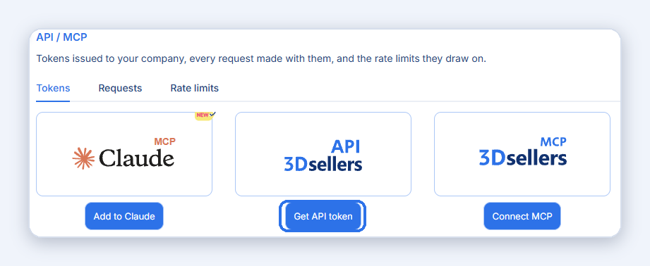 The Tokens tab of the 3Dsellers API / MCP page with the Add to Claude, Get API token and Connect MCP buttons