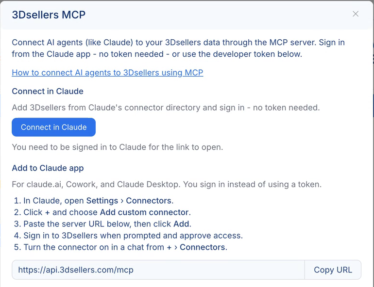 The 3Dsellers MCP dialog with the Connect in Claude button, the custom connector steps and the server URL