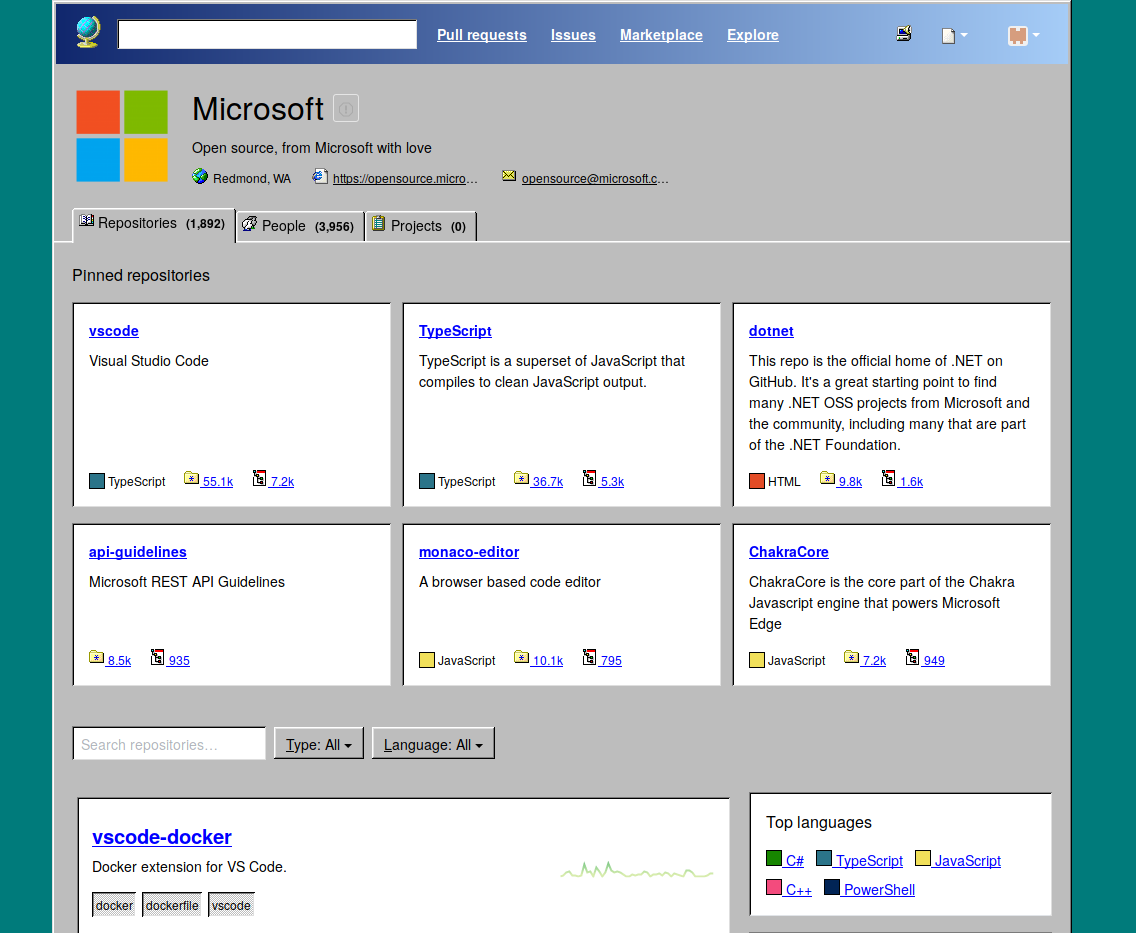 Screenshot of organization page