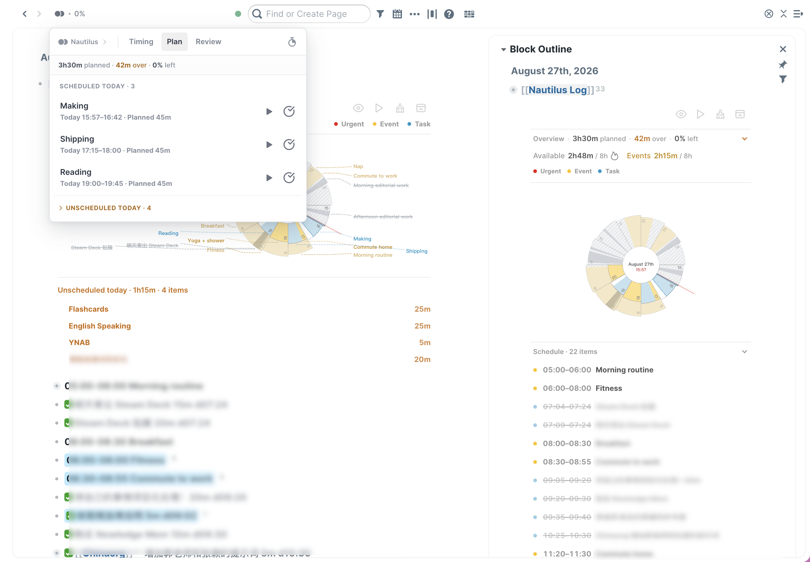Nautilus Log visual day planner with Timing, Plan, Review, and right-sidebar views