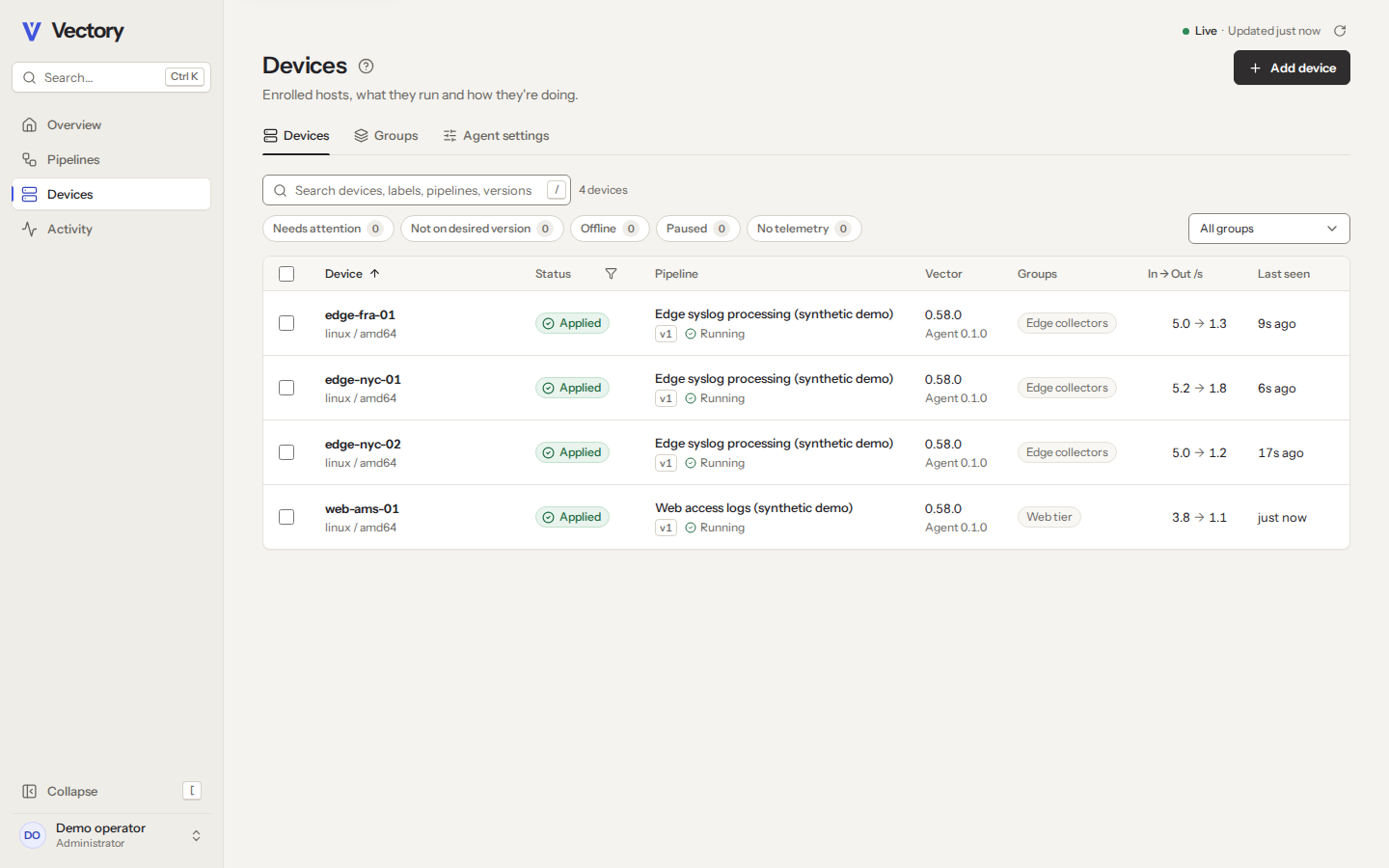 Devices: each demo agent with its connection and pipeline status