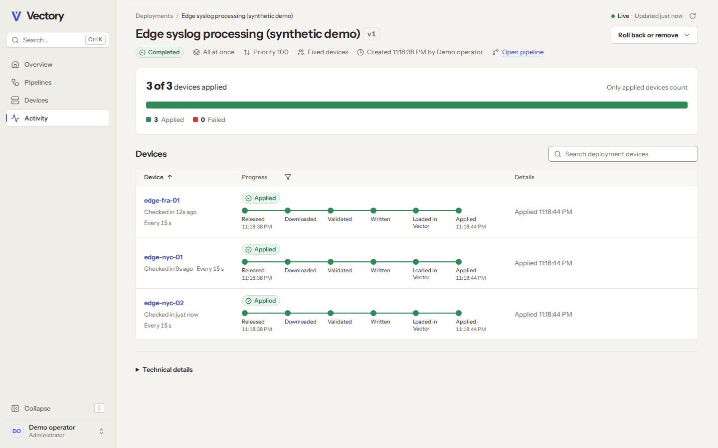 A deployment's details: every device applied and verified the new version