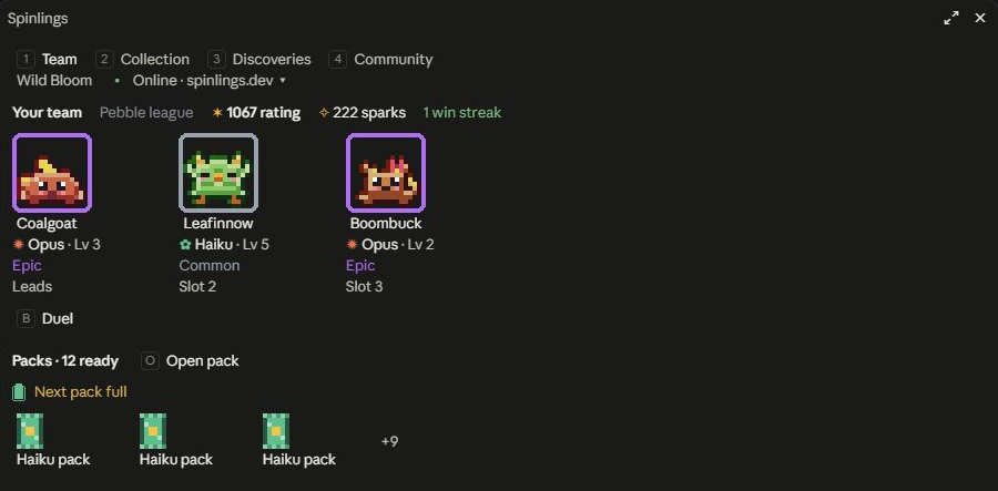 A three-creature team and its ready packs in Claude Desktop.